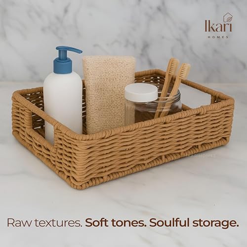 Image of Ikari Homes Rectangular Woven Raffia Basket, Natural Decorative Storage Tray I Boho decor storage vanity basket I Gifting Basket I Sustainable organisor Storage Basket (Large 12 in x 8 in)