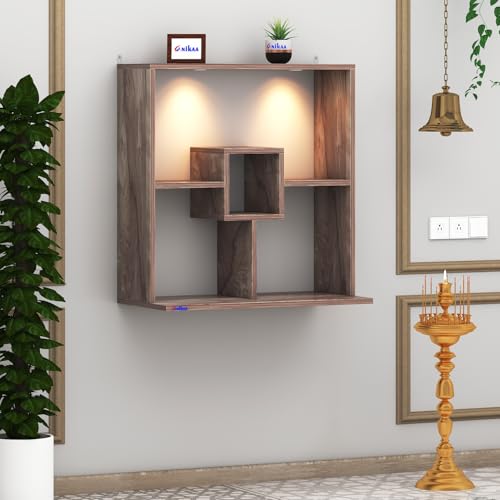 Image of Anikaa Shelly LED Light Wall Mounted Hanging Puja Temple Shelf Stylish Engineered Wood God Stand for Pooja Room Mandir Stand for Temple (Coachwood) D.I.Y