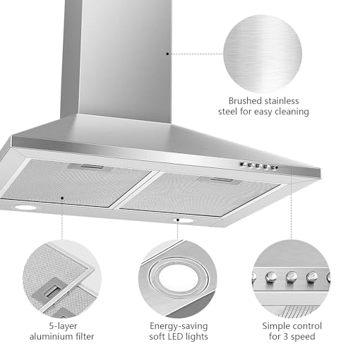 SNDOAS Afzuigkap 60 cm, klasse A++, 350 m³/u, Wandkap met 2 koolstoffilters, 3 snelheden, afvoer of recycling, led-verlichting, roestvrijstalen - Afbeelding 5