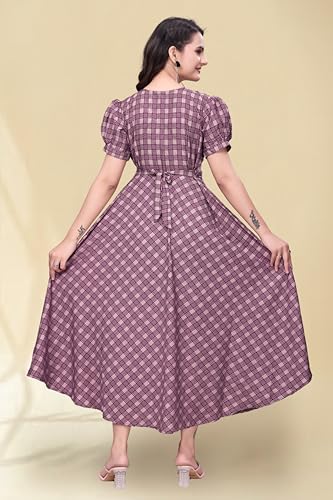 Image of Women's A-Line Crepe Maxi Dress | Stylish Fit and Flare Dress with Round Neck Short Puff Sleeves for Casual Wear