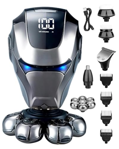 Rasoio Testa Calva Uomo 5 in 1, Rasoio Elettrico 7D Impermeabile IPX5 con Display LED, Ricarica USB-C, Kit Rasatura Multifunzionale per Testa, Barba e Viso