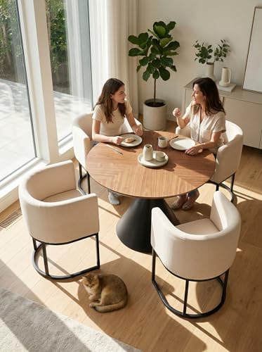 Image of HNY Mid Century Modern Upholstered Dining Chairs with Arms Set of 4, Contemporary Linen Kitchen & Dining Room Chairs, 18.5 inch Wide Accent Chair for Dining Room Living Room with Black Metal Frame, Cream