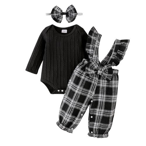 Image of ODIMAME Baby Girl Clothes Newborn Suspender Overalls Long Sleeve Ribbed Romper Fall Winter Outfits Bow Headband 0-18 Months