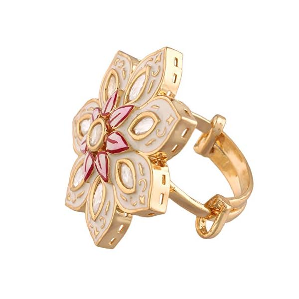 I Jewels Gold Plated Traditional Blue Enamel/Meena Work Floral Finger Ring Glided With Uncut Polki Kundans For Women (FL171W) - Image 5