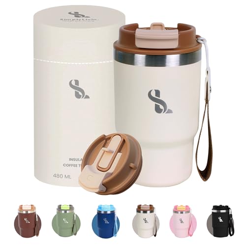 SimplyLivin. Premium Tumbler with Lid and Straw | 480ml (16oz) | Hot and Cold Drinks | Leak Proof | Travel Mug | Coffee Cup | Double Wall Stainless Steel | Unique Packaging for Gifts | Classic Beige
