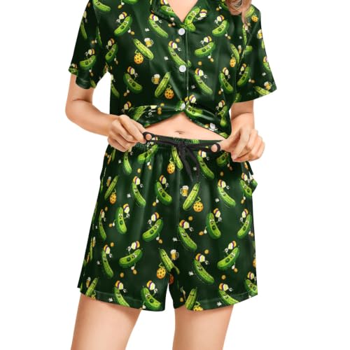 Image of Funny Satin Pajamas Set for Women Button Down Sleepwear Print Pjs Set 2 Piece Short Sleeve Loungewear Gift for Women