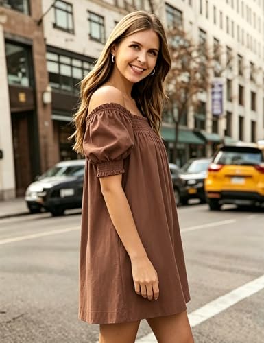 Image of Huaqiao Womens Summer Mini Dress 2026 A-Line Square Neck Puff Sleeve Beach Sundress Casual Short Dress with Pockets