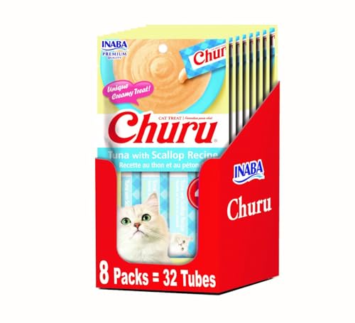 Image of INABA Churu Lickable Puree Natural Cat Treats - Tuna with Scallop Recipe (4 Servings per Package, 8 Packages) (32 Tubes)