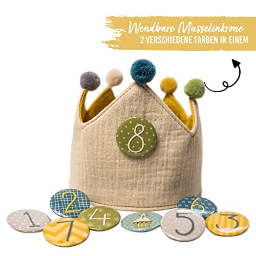 Papierdrachen Geburtstagskrone Musselin mit Zahlen - Gelb - für den Kindergeburtstag - Krone aus Musselinstoff mit Button Zahlen von 1-8 | Party Deko Hut für Jungen & Mädchen