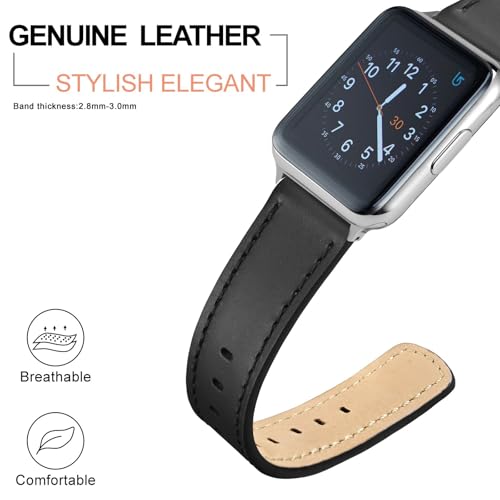 Image of ANNEFIT 18mm Watch Band, Quick Release Genuine Leather Replacement Strap (Black /Black Stitching)