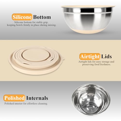 Mixing Bowls with Airtight Lids Set, 20 PCS Kitchen Gadgets Set, 6 Stainless Steel Bowls,3 Grater Attachments,Non-Slip Silicone Bottoms,Great for Serving&Baking,Size 5, 4, 3.5, 2.1, 1.5, 1.1QT (Khaki) - Image 6