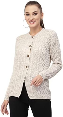 Kalt Women Sweater for Winters Woolen Acrylic Full Sleeve Round Neck Cable Design Cardigan Sweater