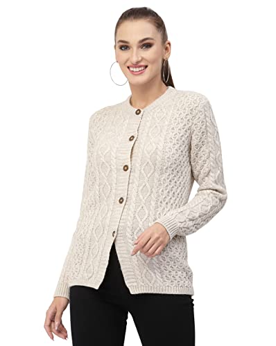 Image of Kalt Women Sweater for Winters Woolen Acrylic Full Sleeve Round Neck Cable Design Cardigan Sweater