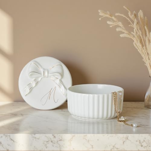 COLLECTIVE HOME Ceramic Jewelry Box with Bow, Nightstand Vanity Decor(M) - 2