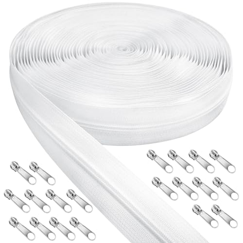 Cremallera sin fin de color blanco con cremallera, 5 mm, 10 m, de nailon blanco, cremallera continua por metros y 20 cremalleras plateadas de metal para ropa, bolsos, estuches, ropa de cama