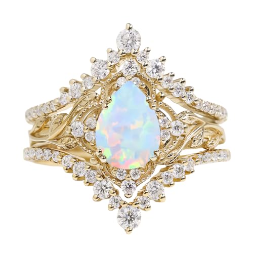 Pear Cut Gemstone Engagement & Wedding Rings - 10K, 14K, 18K White & Yellow & Rose Gold Bridal Sets - Vintage 3pcs V Shaped Promise Ring4