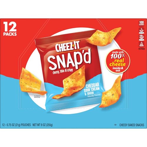 Cheez-It Snap'd Cheese Cracker Chips, Thin Crisps, Lunch Snacks, Cheddar Sour Cream and Onion, 9oz Box (12 Pouches)