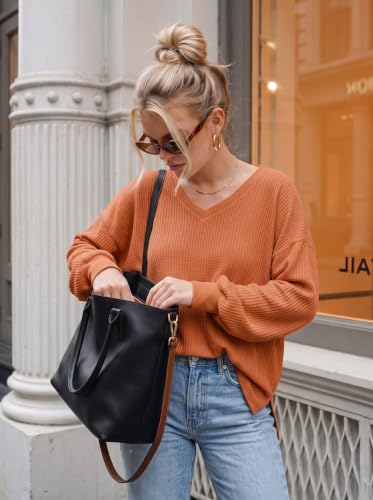 Image of Dokotoo Womens Waffle Knit Tops Trendy Fashion 2026 Oversized T Shirts | Lightweight,V Neck,Casual,Batwing Sleeve,Loose Fit,Irregular Hem,Boyfriend Style,Oversized,Fall Outfits