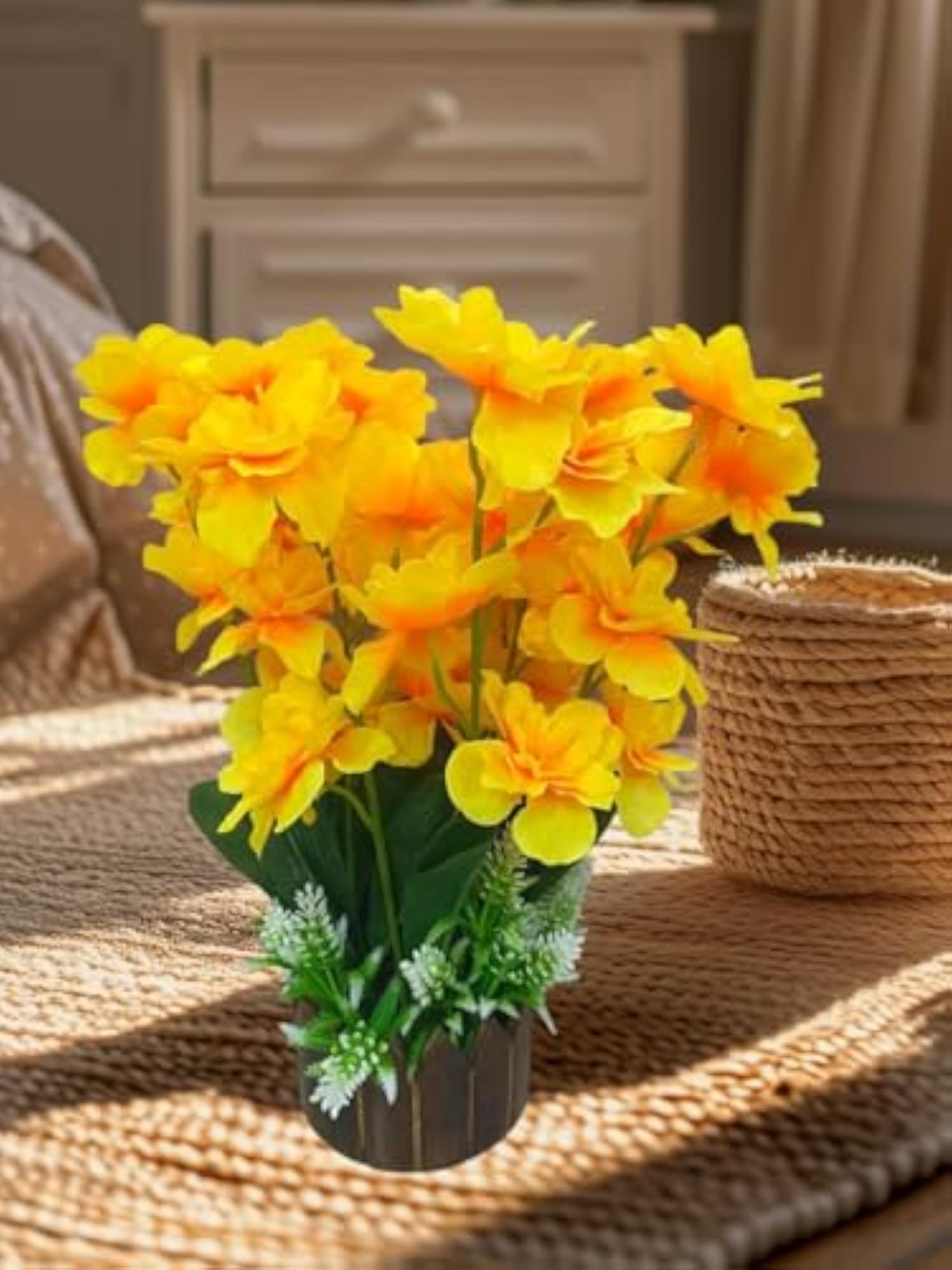 Artificial Cherry Blossom Flower Bunch with Wooden Pot