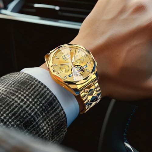 Image of OUPINKE Men's Watches Automatic Self-Winding Luxury Diamond Mirror Skeleton Mechanical Watch Date Dress Business Tungsten Steel Waterproof Luminous Wrist Watches for Men