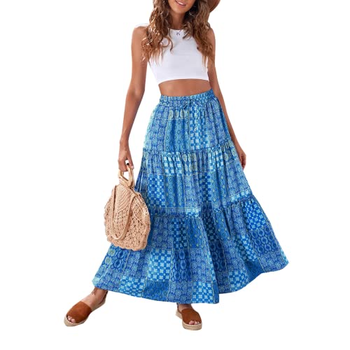 Daysskk Summer Skirts for Women UK Boho Maxi Skirts for Women with Pockets Floral Skirts for Women Long Length Flowy Skirts Blue L