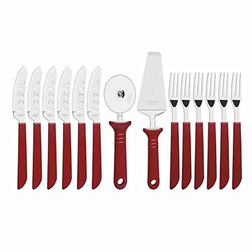 Couverts à pizza et ustensiles rouges 14pcs. Inox et plastique.