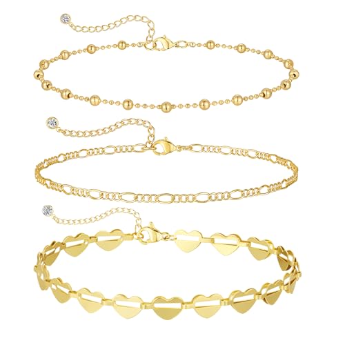 Image of Gold Anklets for Women Waterproof 14k Gold Plated Cuban Link Anklets Non Tarnish Rope Herringbone Ankle Chain Summer Beach Jewelry Gifts for Women