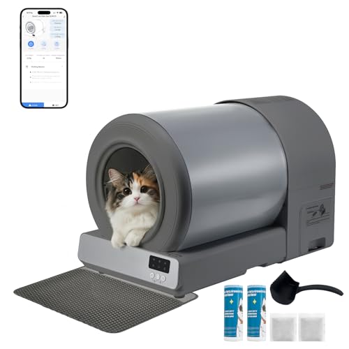 Agvenra Stainless Steel Self-Cleaning Cat Litter Box, Smart APP Control Automatic Litter Box with Safety Sensors, Odor Control, Low-Entry, Large Capacity Design for Multiple Cats (Grey)