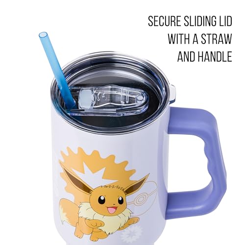 Image of Silver Buffalo Pokemon Double Walled Stainless Steel Tumbler with Handle Featuring Eevee, Fits in Standard Cup Holder, 40 Ounces