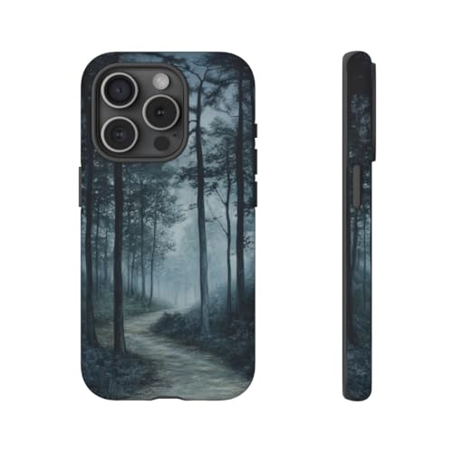 Coque rigide mate compatible iPhone 15 Pro bleu Misty Forest Path