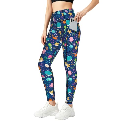 Pantalones de yoga para correr opacos con estampado de peces marinos