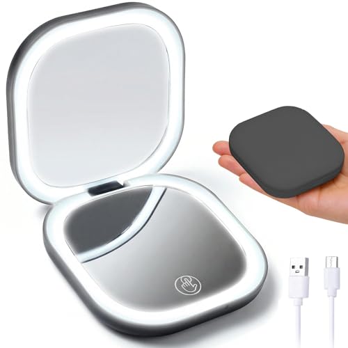 Compact Mirror with Light, Portable LED Lighted Compact Makeup Mirror with 10X Magnification, USB Rechargeable Foldable Small Pocket Travel Magnifying Beauty Mirror for Women Grils Purse, Black
