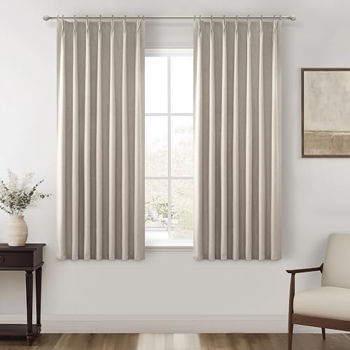 Image of GreyFlax Black Out 54 Inches Long Boho Small Curtains 2 Panels Set, Farmhouse Short Curtain for Bedroom /Bathroom /Kitchen Thermal Insulated Flax Linen Pinch Pleated Bay Window Drapes (40 inchWx54 inchL)