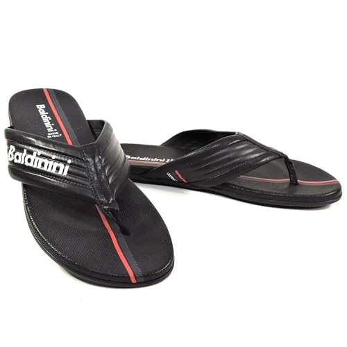 Baldinini Men's Leather Thong Sandals, Black with Red Stripe, Made in Italy, Comfort Flat
