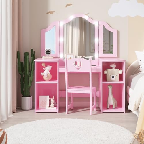 Kids Vanity Table, Princess Makeup Desk & Chair Set with touch Light Detachable Tri-Folding Mirror, Open Storage Shelves, Wooden Girls Vanity Dressing Table, Pretend Play Vanity Set for Toddler