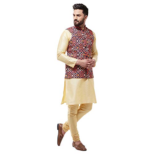 Image of SOJANYA (Since 1958 Men's Silk Blend Gold Kurta Pyjama & Printed Nehrujacket Combo