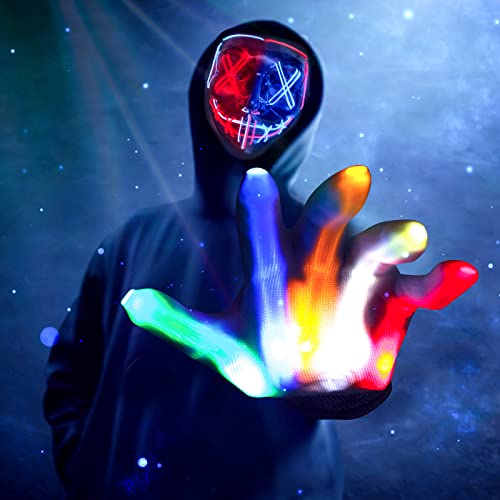 Max Fun Halloween LED Mask Glowing Gloves for Halloween Costume Cosplay Led Light Up Scary Masks with 3 Lighting Modes Lighted Face Mask for Halloween Masquerade Party Dress Up Accessories(Red & Blue) - image 2