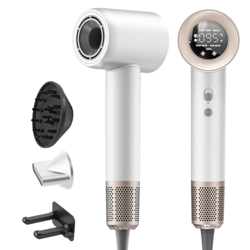 Secador Pelo Profesional con Difusor y Boquillas, 59 dB de Ruido Bajo Secador Pelo Ionico, Motor Sin Escobillas de 140.000 RPM, Hair Dryer con 4 Temperaturas y 2 Velocidades, Blanco