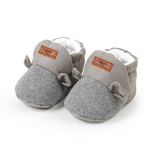 Baby Boys Girls Soft Plush Slippers Cartoon Toddler Infant Warm Winter House Ribbed Shoes Gray 12CM