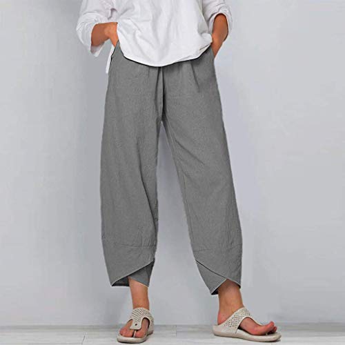 Image of Cotton Linen Capri Pants for Women 2025 Casual Printed Cropped Palazzo Pants Elastic Waist Lounge Baggy Trousers