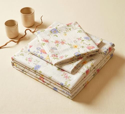 Image of BSB HOME Cloud Cotton King Size bedsheet | Flatsheet Summer Sheet with Two Pillow Covers | Super Soft Bed Sheet for King Size Bed Durable| Floral Design (270 x 250 cm, Off White & Vintage Blue)