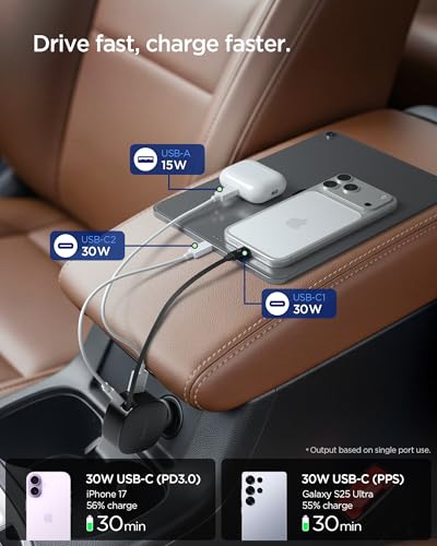 Spigen 3-in-1 60W Retractable USB C Car Charger, Support Fast USB C & USB A - image 3