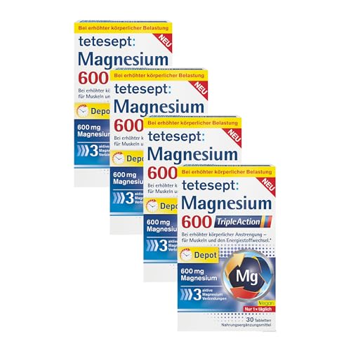 tetesept Magnesium 600 Triple Action Depot - hochdosiert - Nahrungsergänzungsmittel für Muskeln Nerven und Energiestoffwechsel* - 4 x 30 Tabletten