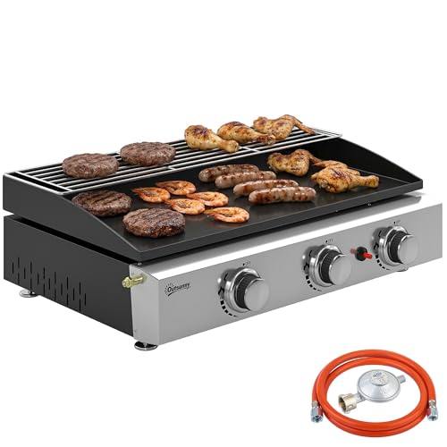 Outsunny Barbacoa de Gas BBQ Gas con 3 Quemadores 7,5 kW, Barbacoa Portátil con Plancha, Rejilla Calentadora y Recogedor Grasa, para Camping, Picnic, Terraza, Negro
