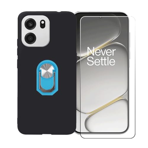 GYDQQKJ Funda para OnePlus Turbo 6V (6.78') + Protector de Pantalla Protectora Vidrio Cristal Film Templado, Negro Suave TPU Silicona Cover Carcasa Caso Case (Azul Anillo Soporte)