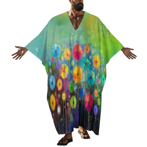 Seasonal Spring Summer Flowers Pattern Men's V-neck Robe Middle East Arabian Robe Butterfly Sleeves Kaftan