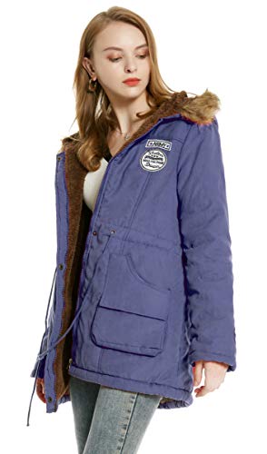 Abrigo cálido para mujer, parka de algodón, con capucha, de piel, acolchada, estilo militar, invierno azul S