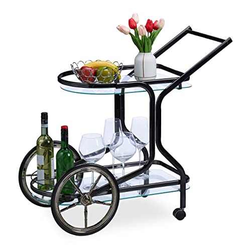Relaxdays Carrito Cocina con Ruedas, Camarera con 2 Baldas, 76 x 46 x 82 cm, Carro Auxiliar Vidrio y Hierro, Bar, Negro