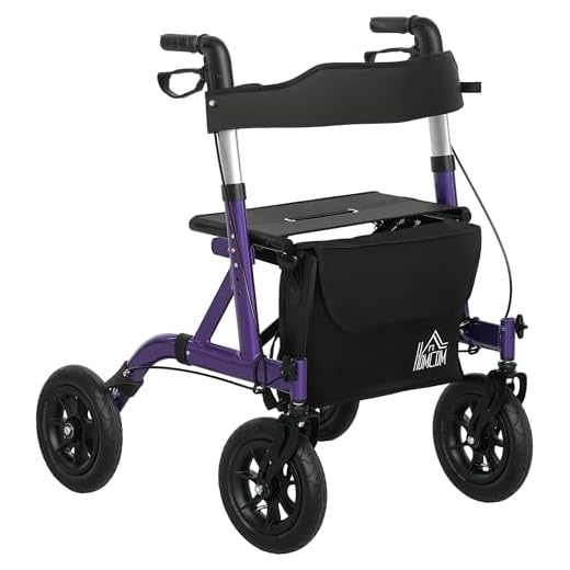 HOMCOM Folding Rollator Walker with Seat, Backrest, Lightweight Walking Frame with Storage Bag, Dual Brakes, All-Terrain Wheels, Adjustable Handle Height, 4 Wheeled Walker for Seniors, Purple
