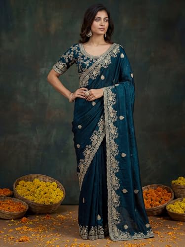 Image of SIRIL Women's Tissue Silk Scalloped Border Embroidery Saree with Unstitched Blouse Piece